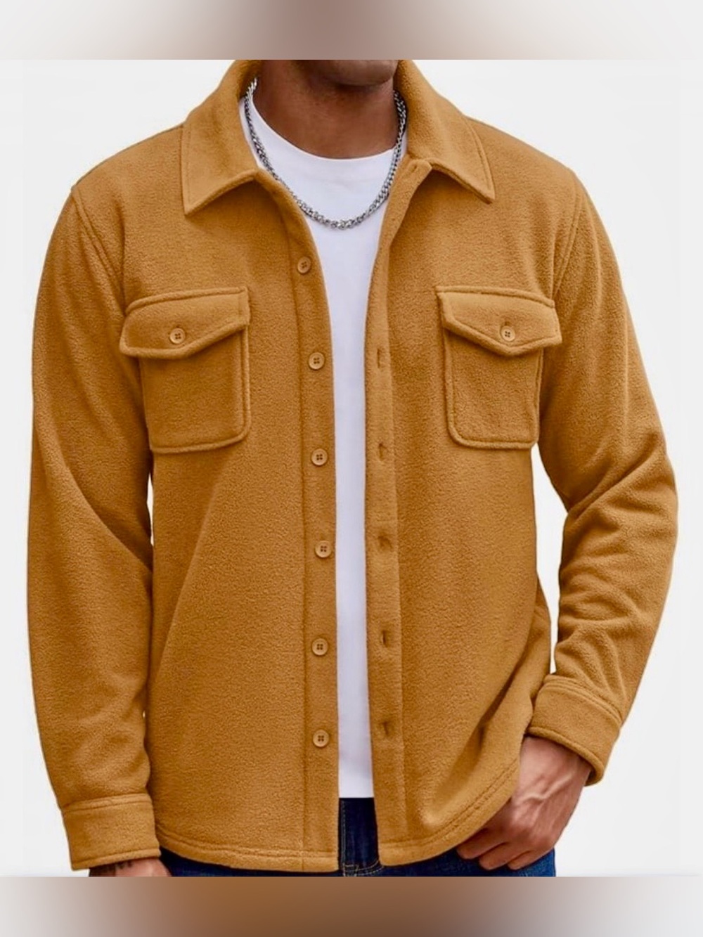 Men's Tan Fleece Shacket - Casual Button-Up Jacket